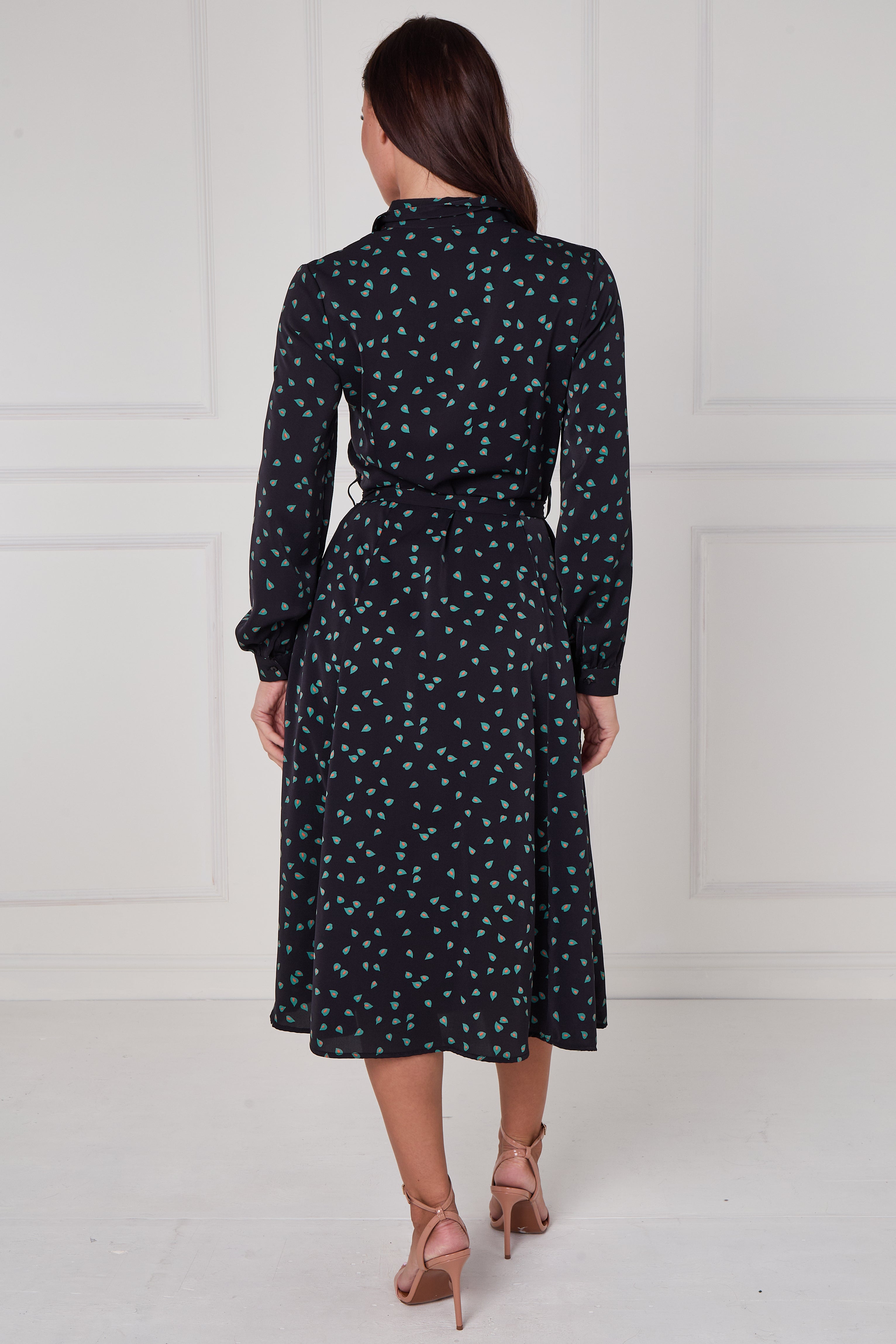 Black Teal Abstract Petal Print Midi Shirt Dress LS-2279-DP24