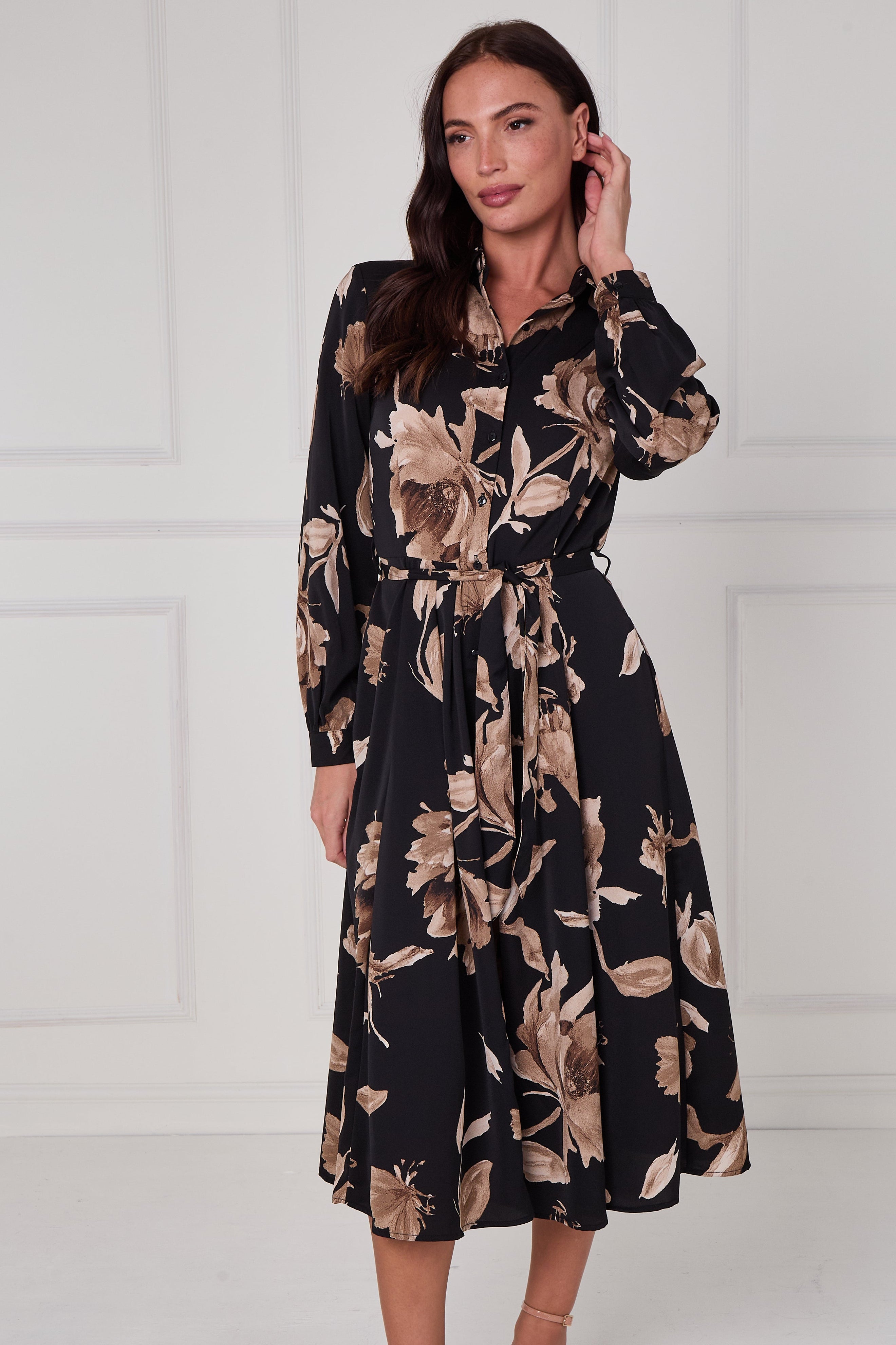 Black Mocha Statement Floral Midi Shirt Dress LS-2279-DP22