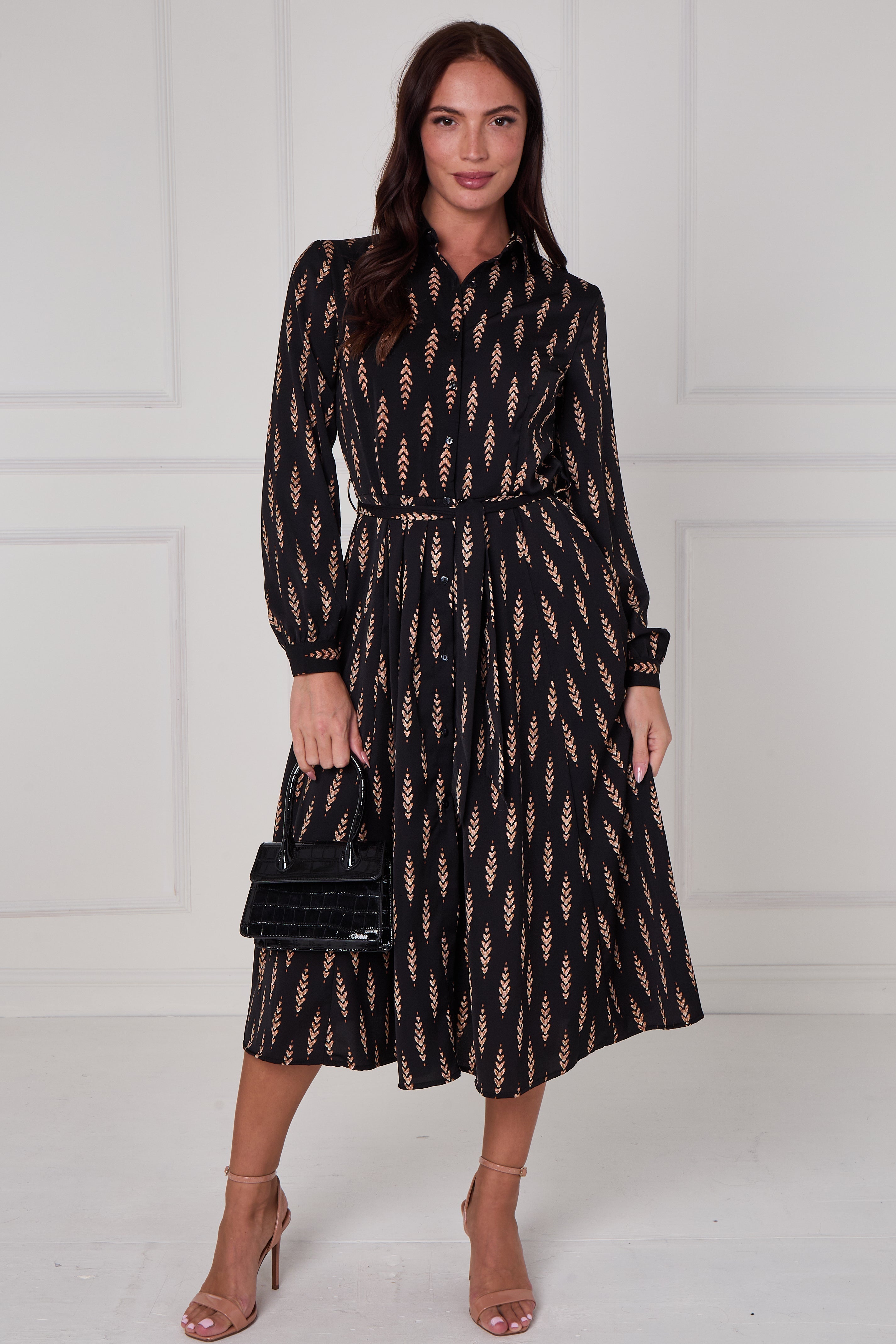 Black Camel Chevron Petal Midi Shirt Dress LS-2279-DP21