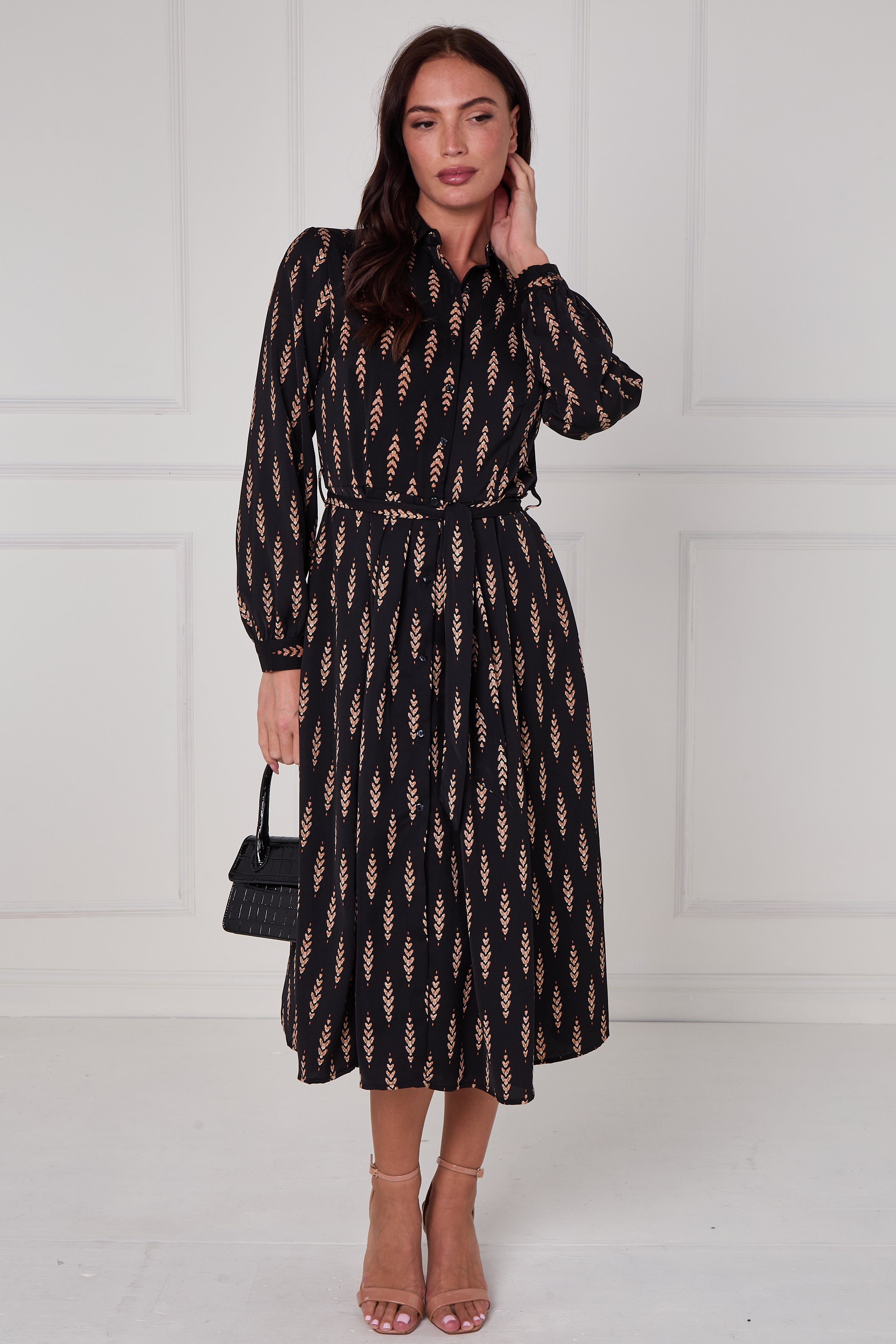 Black Camel Chevron Petal Midi Shirt Dress LS-2279-DP21