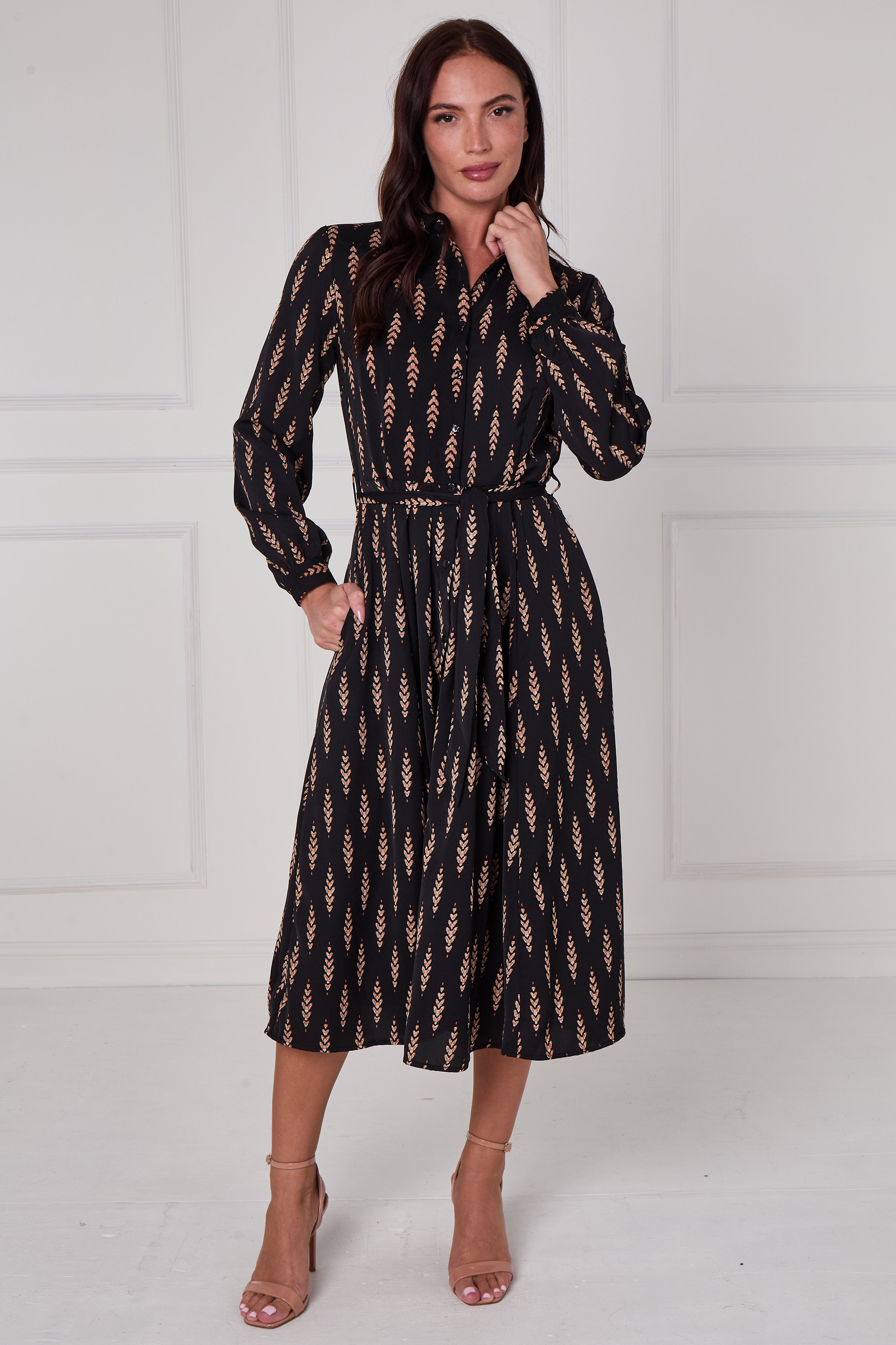 Black Camel Chevron Petal Midi Shirt Dress LS-2279-DP21