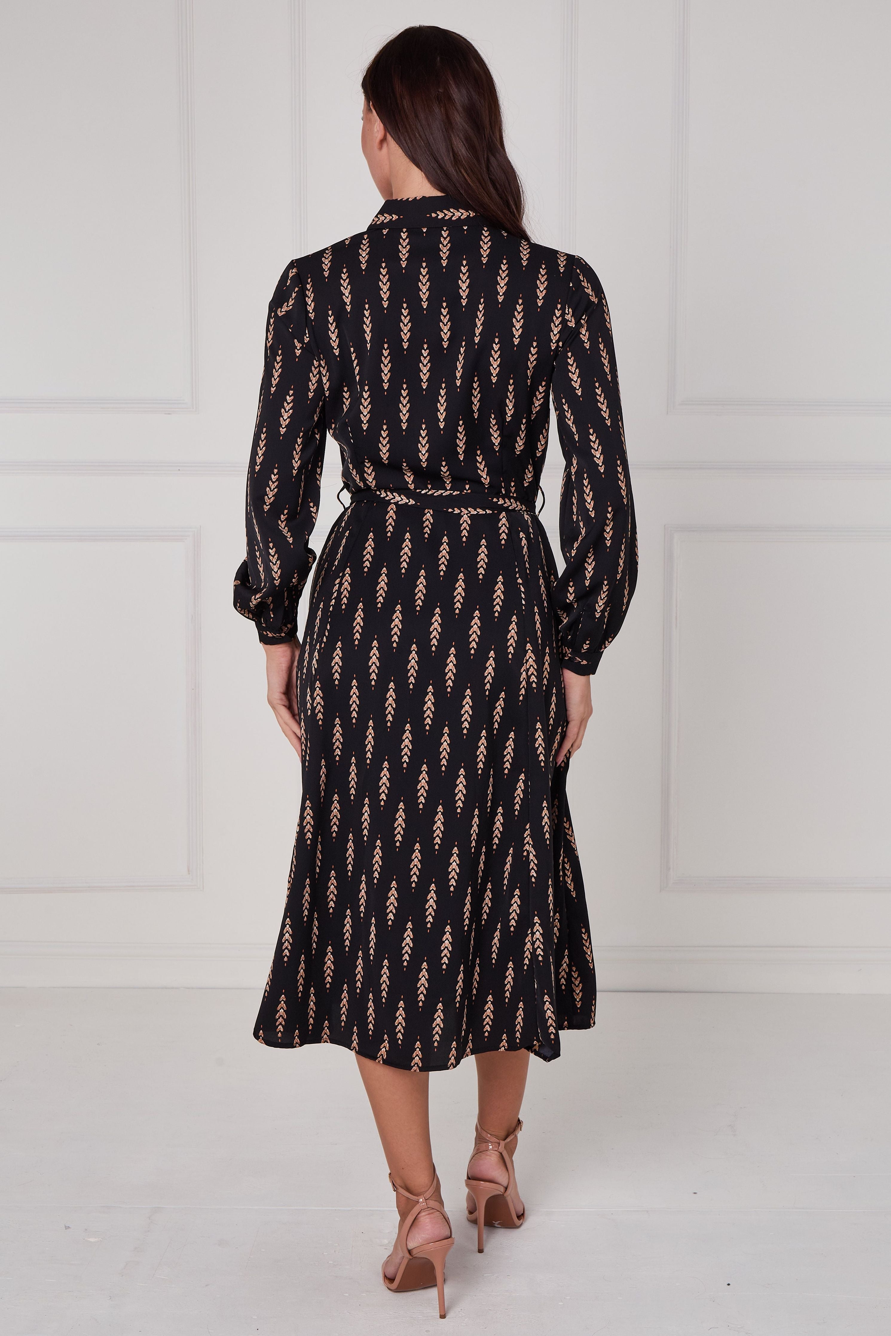 Black Camel Chevron Petal Midi Shirt Dress LS-2279-DP21