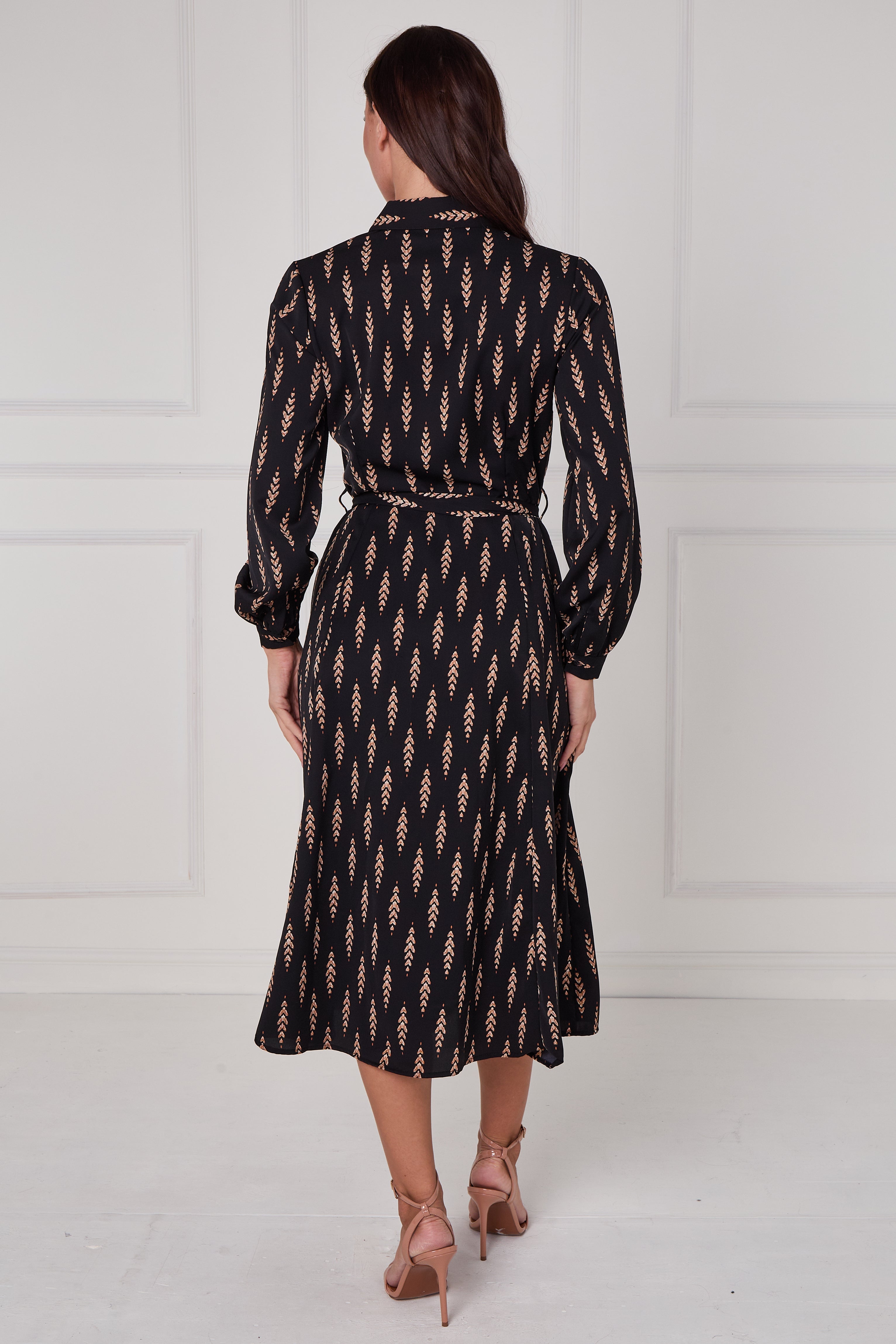 Black Camel Chevron Petal Midi Shirt Dress LS-2279-DP21