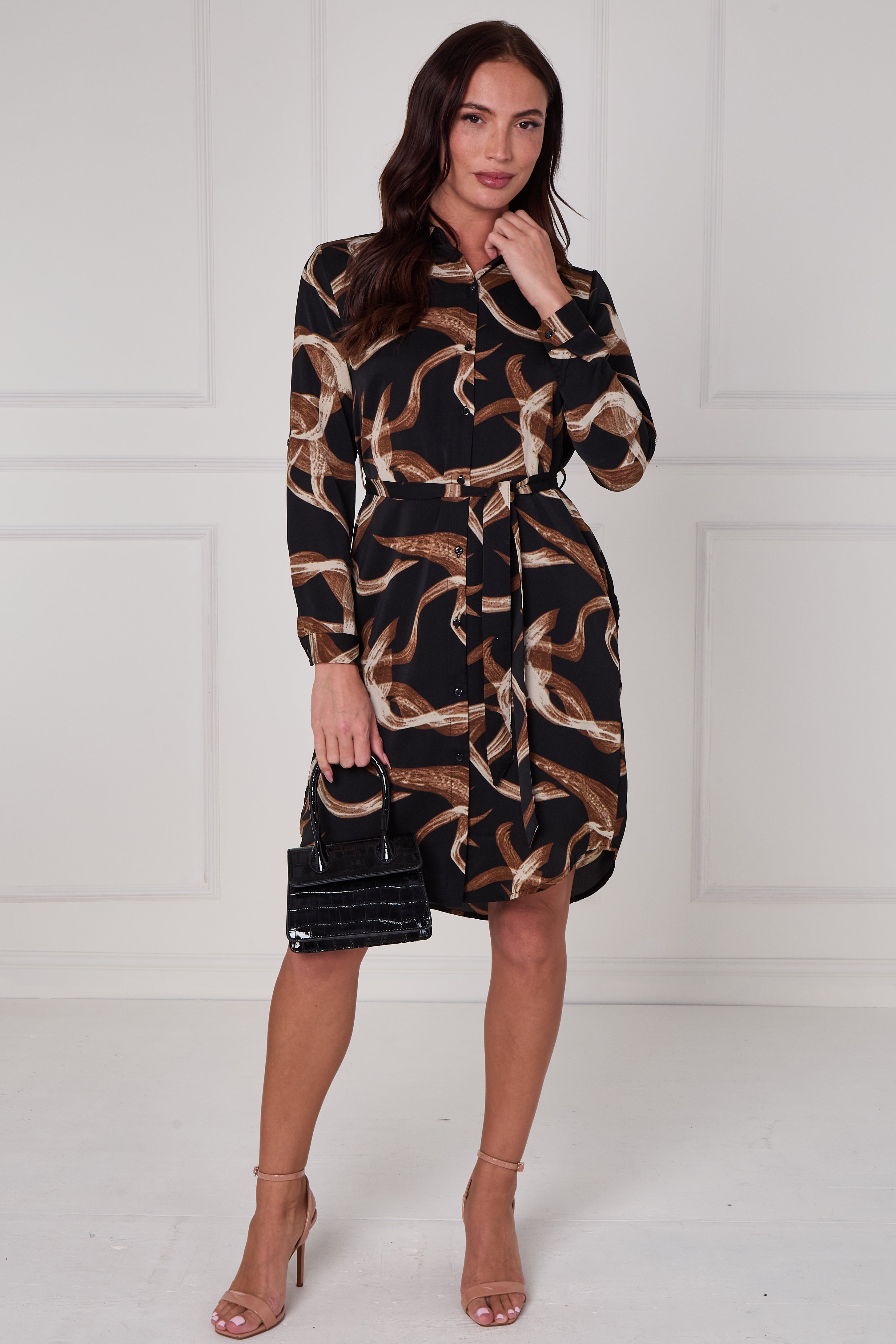 Black And Cocoa Abstract Swirl Print Mini Shirt Dress LS-5026-R135