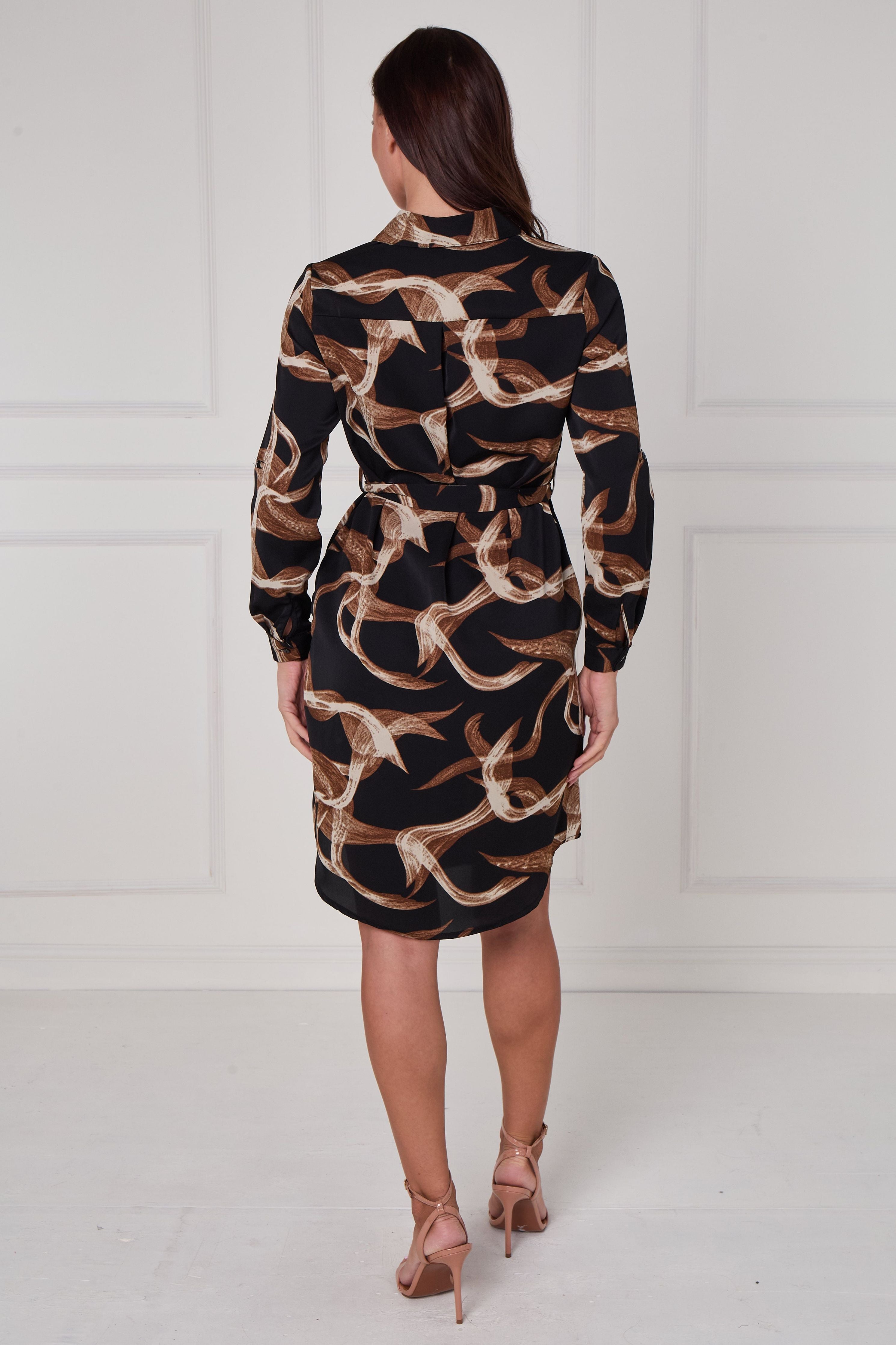 Black And Cocoa Abstract Swirl Print Mini Shirt Dress LS-5026-R135