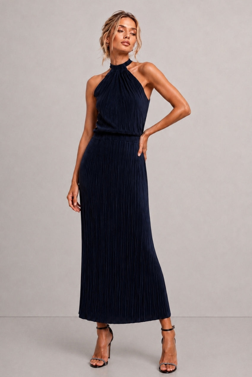 Milan Plisse Pleated Navy Halterneck Top MILAN-NAVY