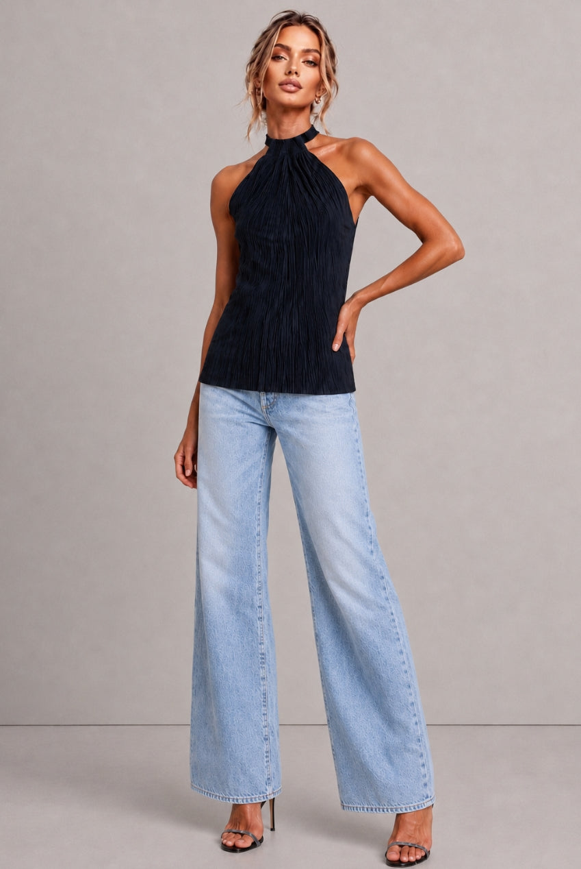 Milan Plisse Pleated Navy Halterneck Top MILAN-NAVY
