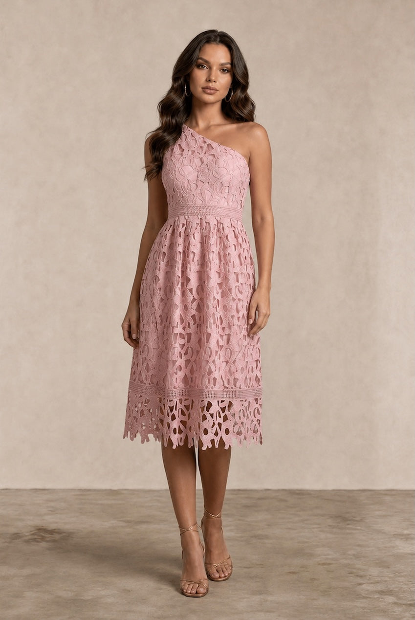 One Shoulder Premium Lace Midi Dress In Blush MO0008BU