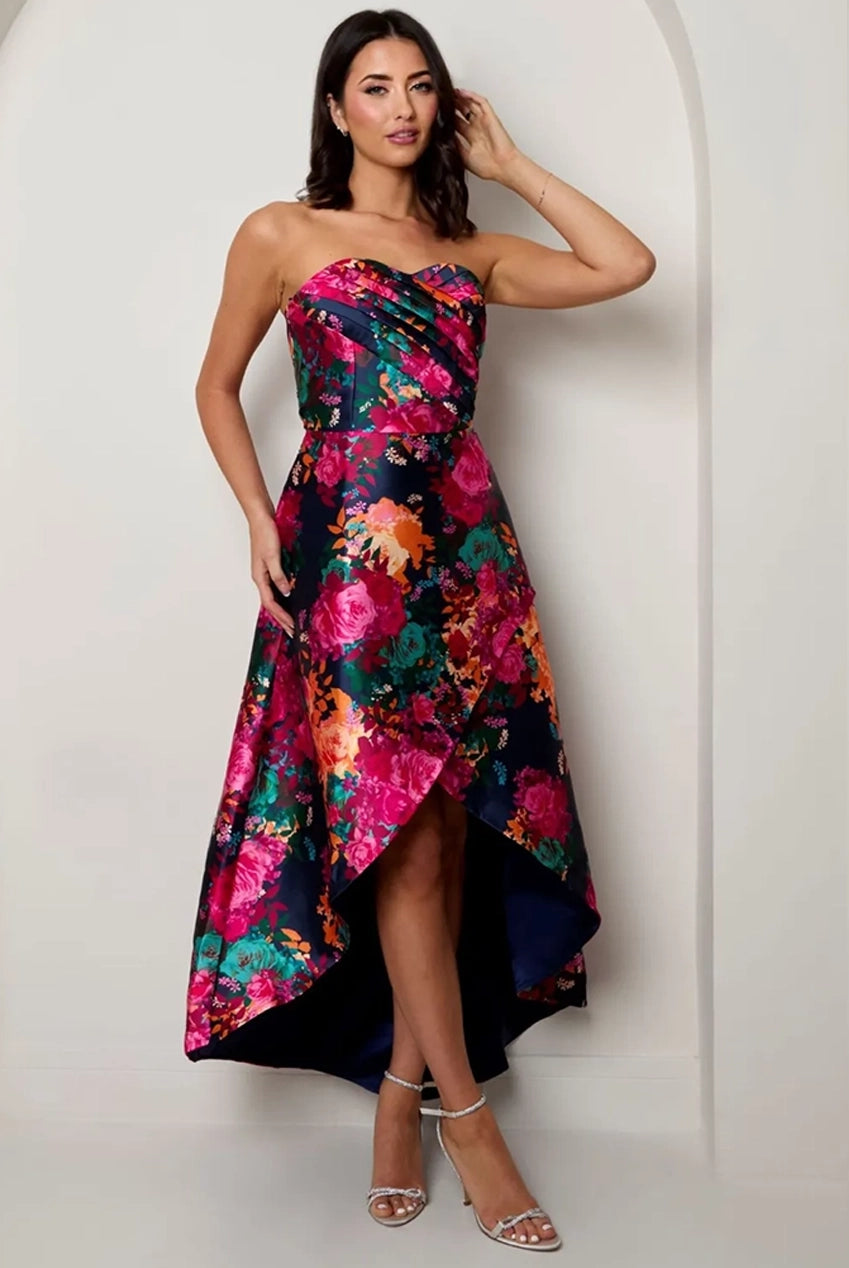 Bandeau Sweetheart Floral Wrap Detail Dip Hem Dress In Navy MO0014NB