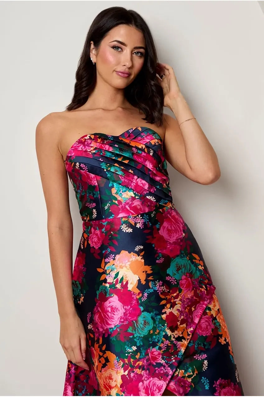 Bandeau Sweetheart Floral Wrap Detail Dip Hem Dress In Navy MO0014NB