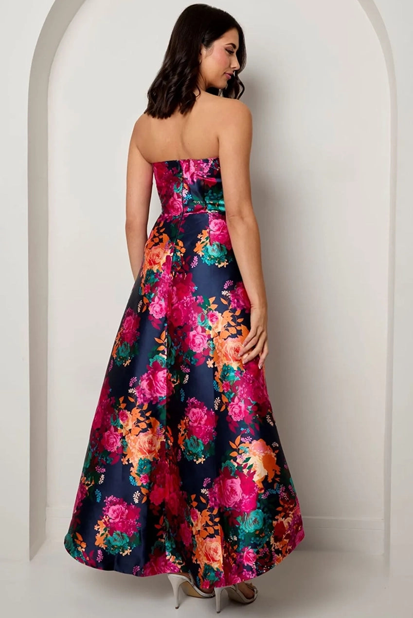 Bandeau Sweetheart Floral Wrap Detail Dip Hem Dress In Navy MO0014NB