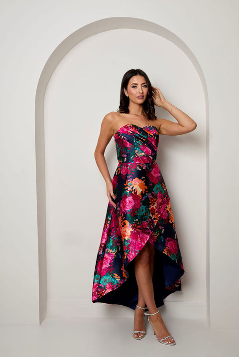 Bandeau Sweetheart Floral Wrap Detail Dip Hem Dress In Navy by Chi Chi London