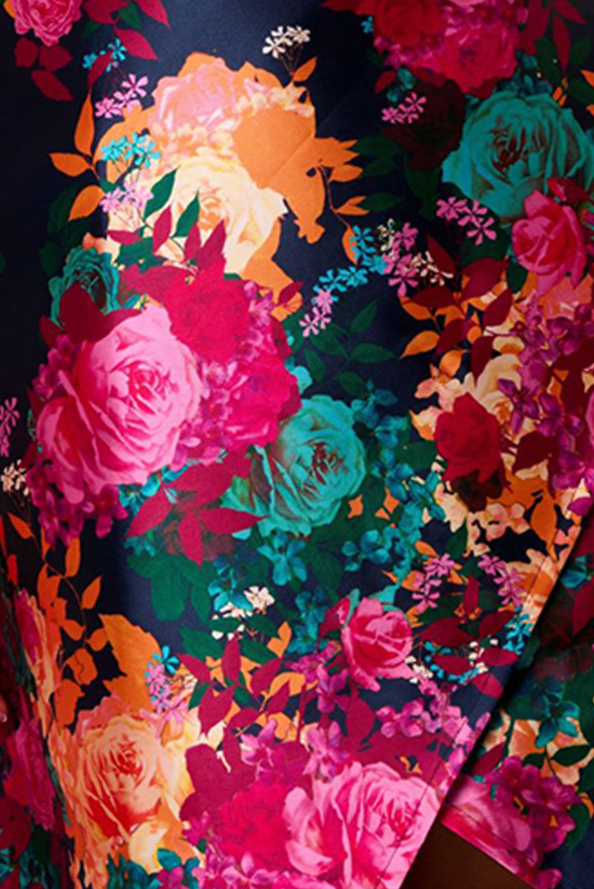 Bandeau Sweetheart Floral Wrap Detail Dip Hem Dress In Navy MO0014NB