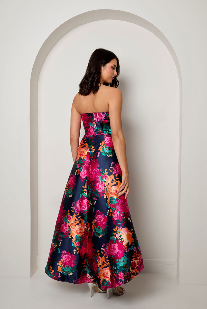 Bandeau Sweetheart Floral Wrap Detail Dip Hem Dress In Navy MO0014NB