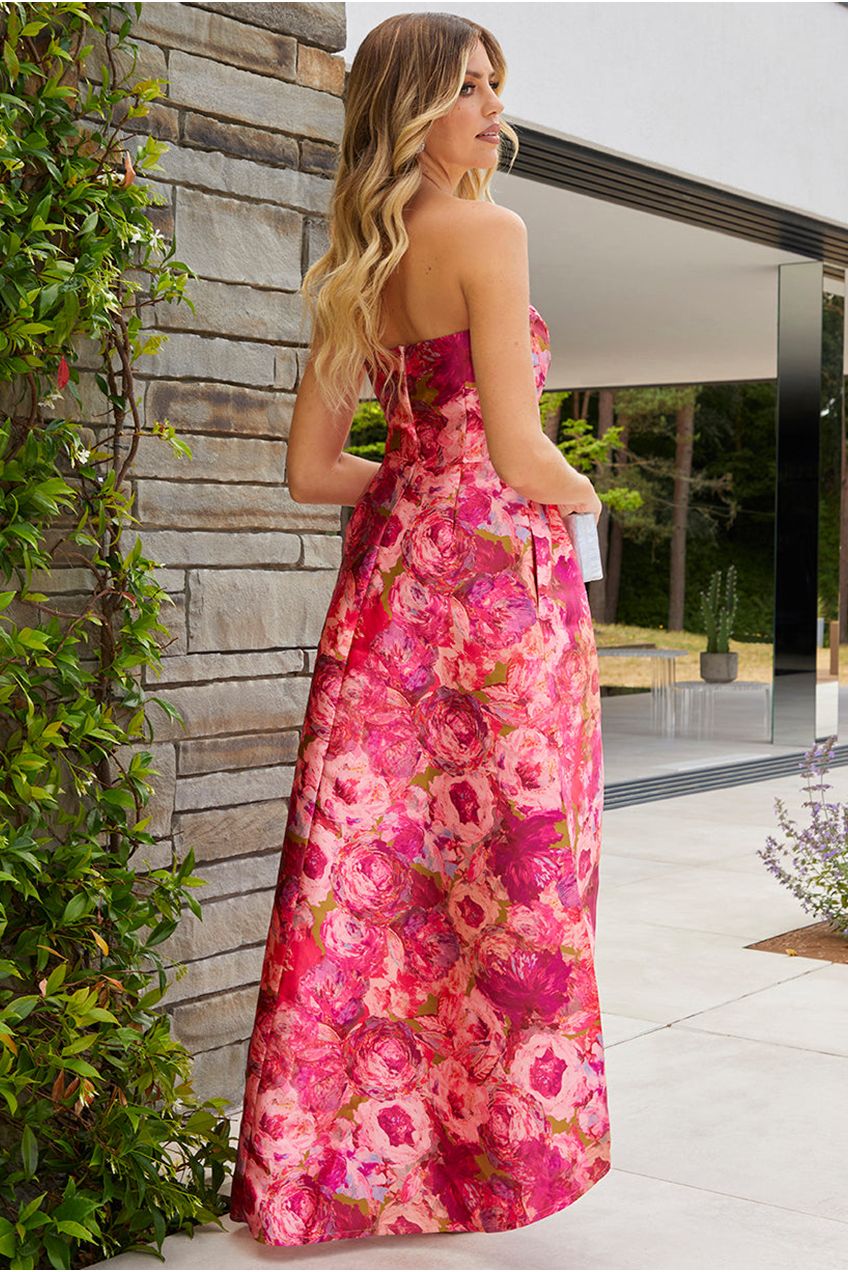 Petite Bandeau Sweetheart Floral Wrap Detail Dip Hem Dress In Pink MO0014PPI