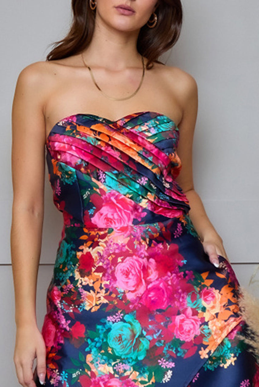Petite Bandeau Sweetheart Floral Wrap Detail Dip Hem Dress In Navy MO0014PNB