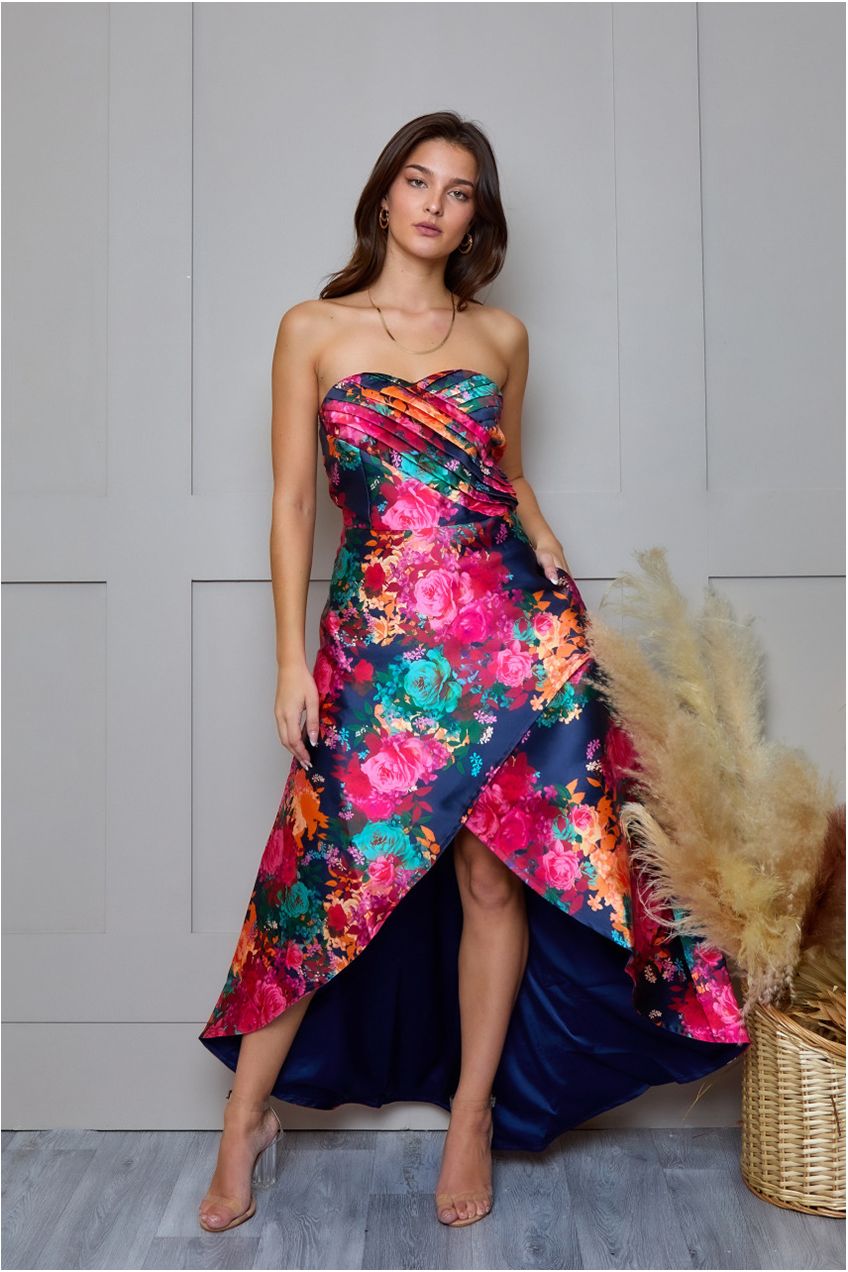 Petite Bandeau Sweetheart Floral Wrap Detail Dip Hem Dress In Navy MO0014PNB