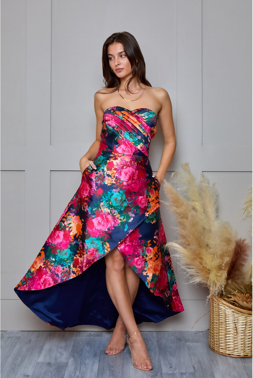 Petite Bandeau Sweetheart Floral Wrap Detail Dip Hem Dress In Navy MO0014PNB
