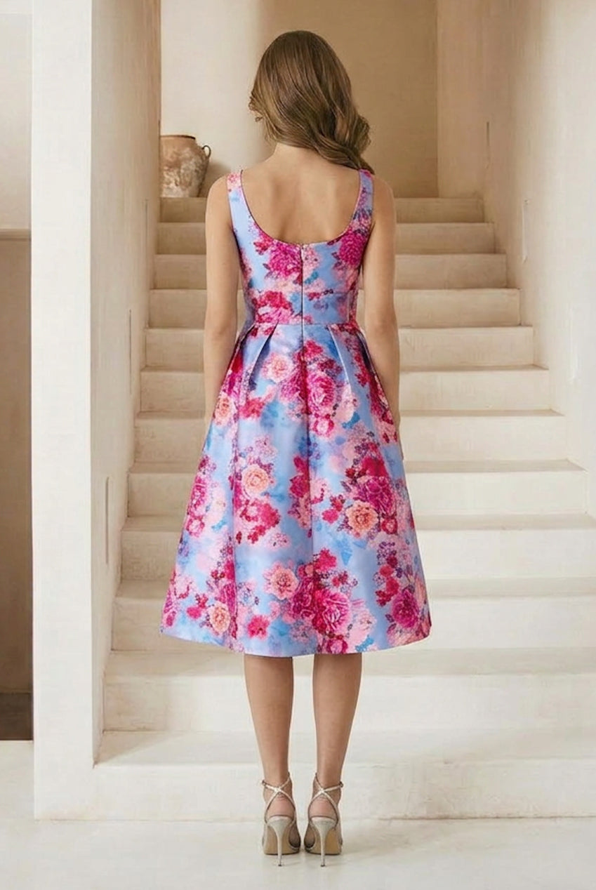 Sleeveless Floral Fit And Flare Midi Dress In Blue MO0015BL