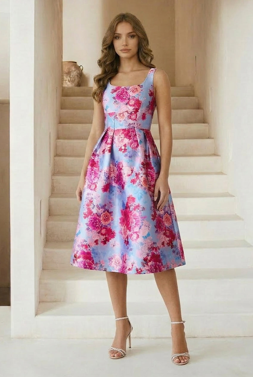 Sleeveless Floral Fit And Flare Midi Dress In Blue MO0015BL