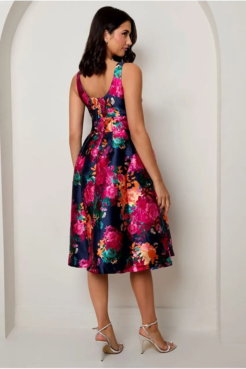 Sleeveless Floral Fit And Flare Midi Dress In Navy MO0015NB