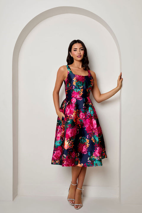 Sleeveless Floral Fit And Flare Midi Dress In Navy by Chi Chi