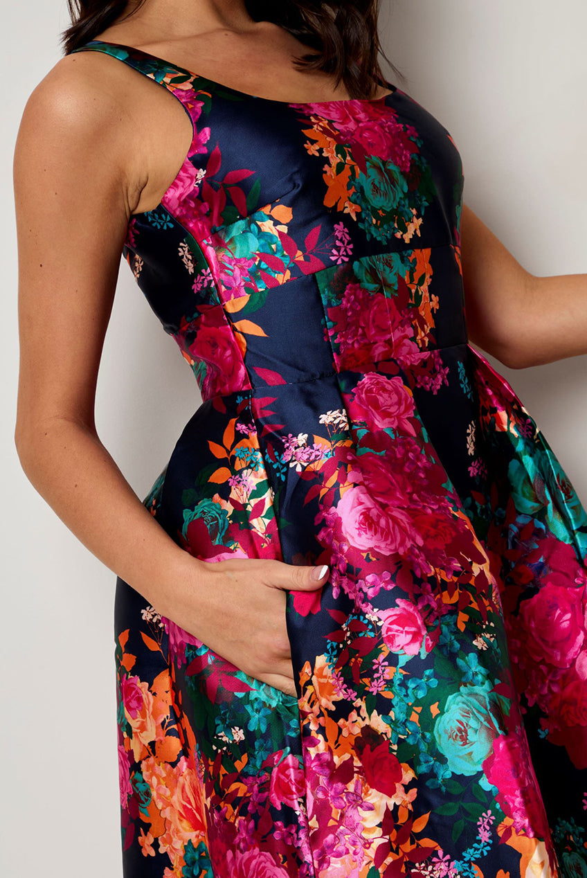 Sleeveless Floral Fit And Flare Midi Dress In Navy MO0015NB