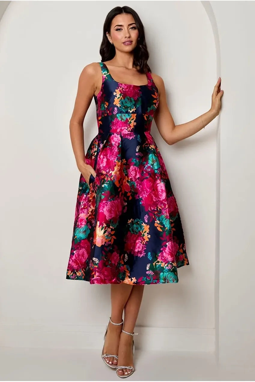 Sleeveless Floral Fit And Flare Midi Dress In Navy MO0015NB