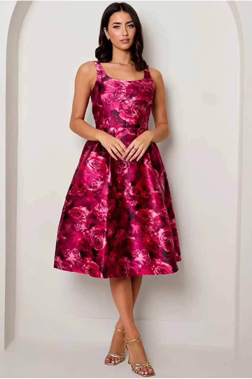 Sleeveless Floral Fit And Flare Midi Dress In Purple MO0015PUR