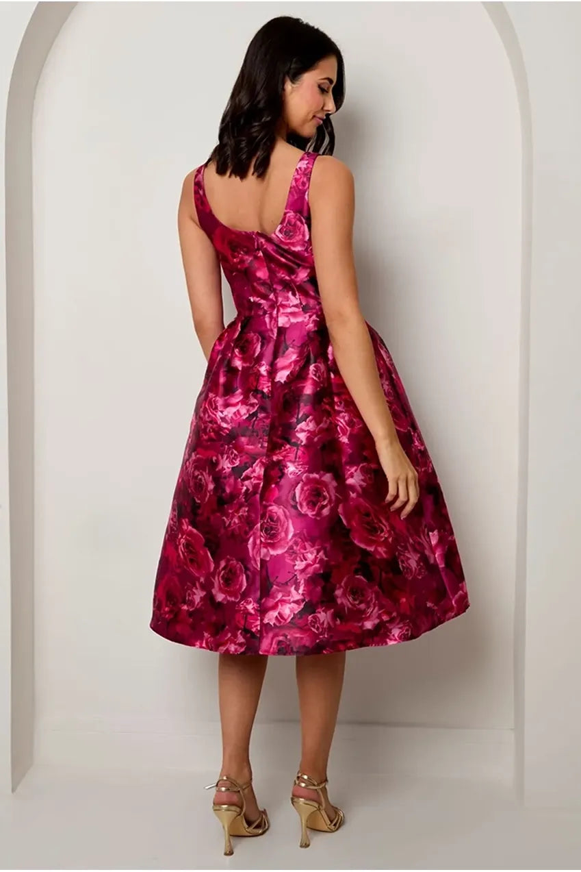 Sleeveless Floral Fit And Flare Midi Dress In Purple MO0015PUR