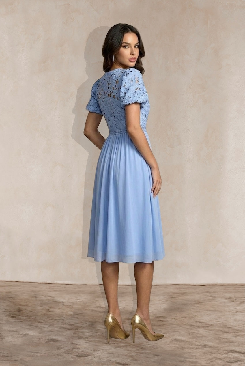 Puff Sleeve Premium Lace Midi Dress In Blue MO0023BL