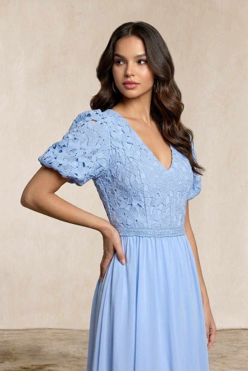 Puff Sleeve Premium Lace Midi Dress In Blue MO0023BL