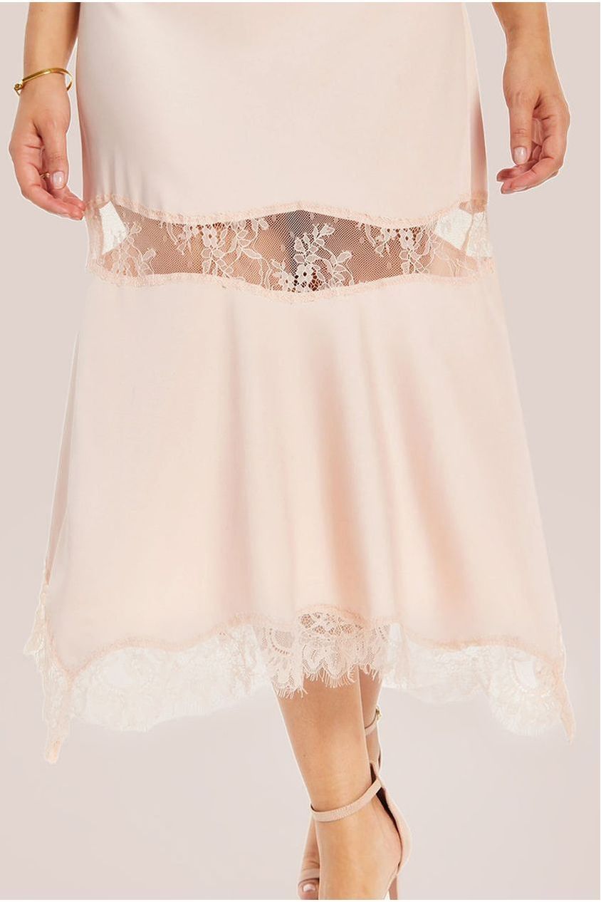 Fine Lace Detail Strip Midi Dress In Nude MYL009