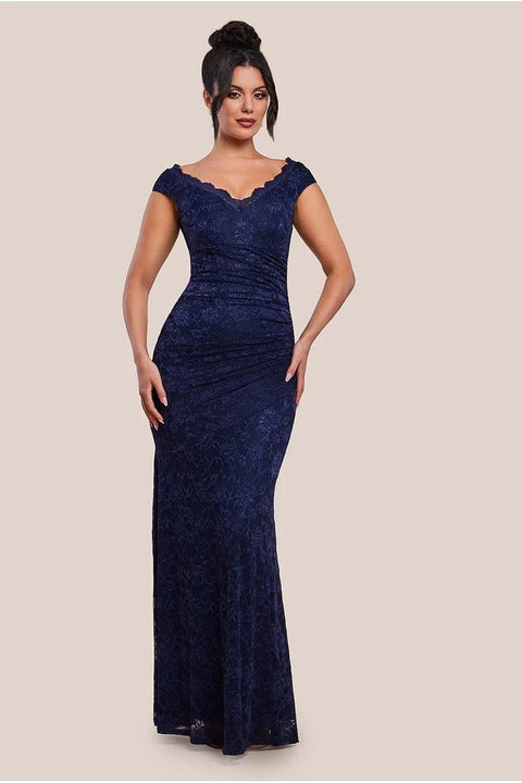 Off The Shoulder Scalloped Neck Maxi Dress - Navy Blue by Goddiva
