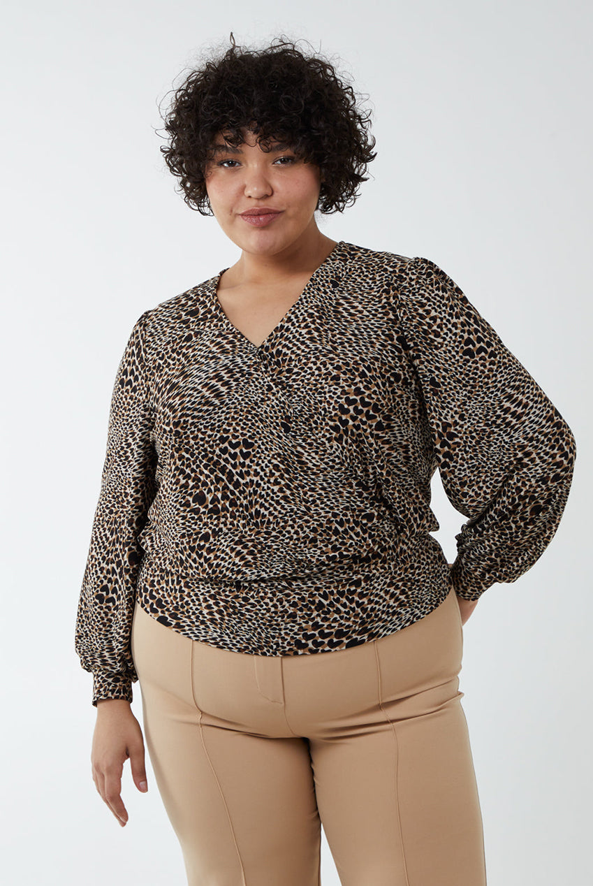 Curve Animal Printed Wrap Front Deep Hem Band Top BC222710025