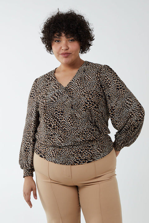 Curve Animal Printed Wrap Front Deep Hem Band Top by Blue Vanilla