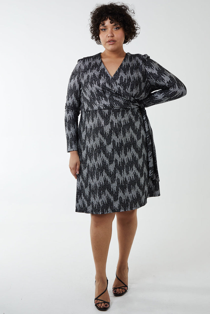 Curve Sparkly Fixed Wrap Skater Dress With Tie BC222724061