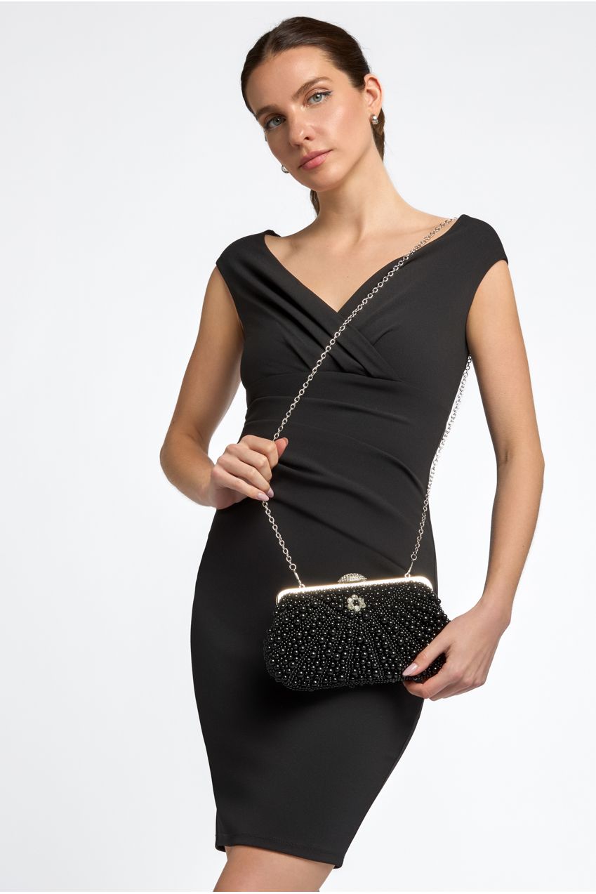 Black Pearl And Crystal Clutch Bag With Silver Details ALPA8802