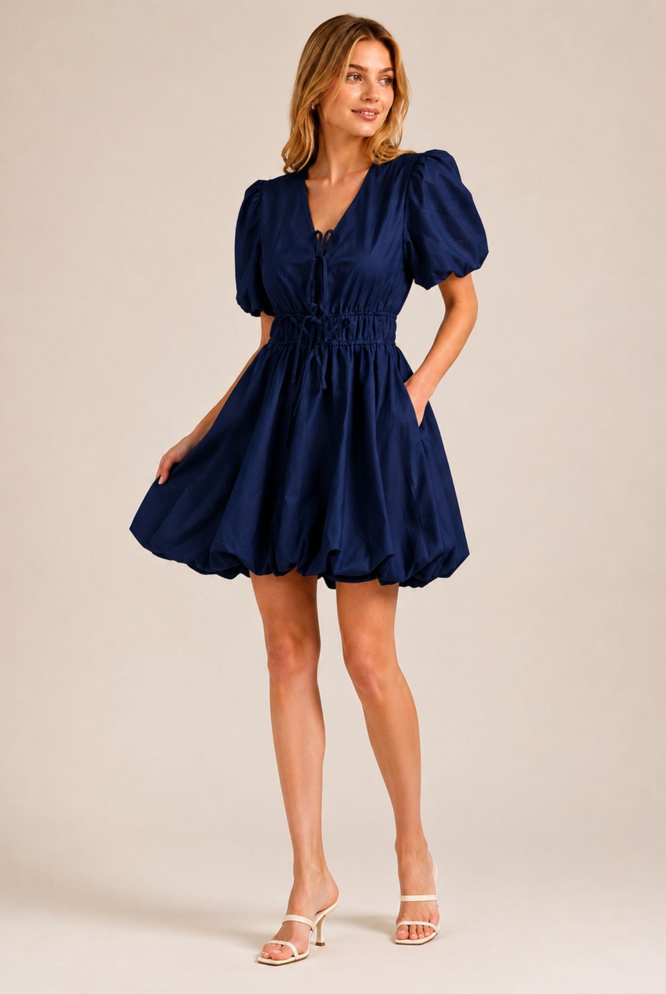 Navy Blue Puff Sleeve Tie Front Ruched Waist Mini Dress AVCH-GLD26147