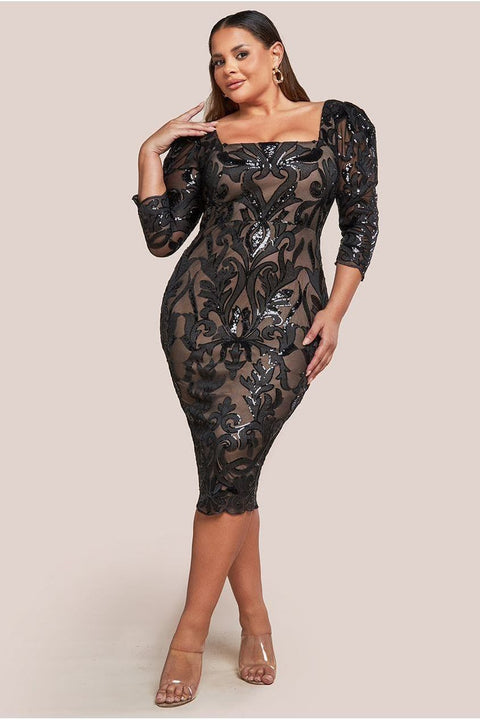 Square Neck Scalloped Embroidered Sequin Midi Dress - Black by Goddiva Plus