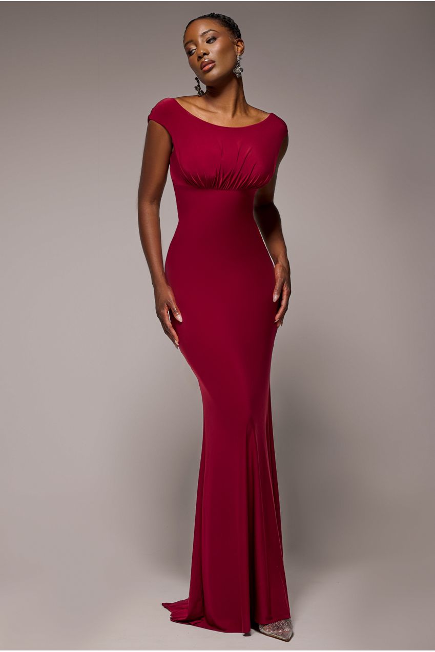 Open Back Cowl Neck Gathered Maxi Dress With Velvet Tie Back - Wine DR4856
