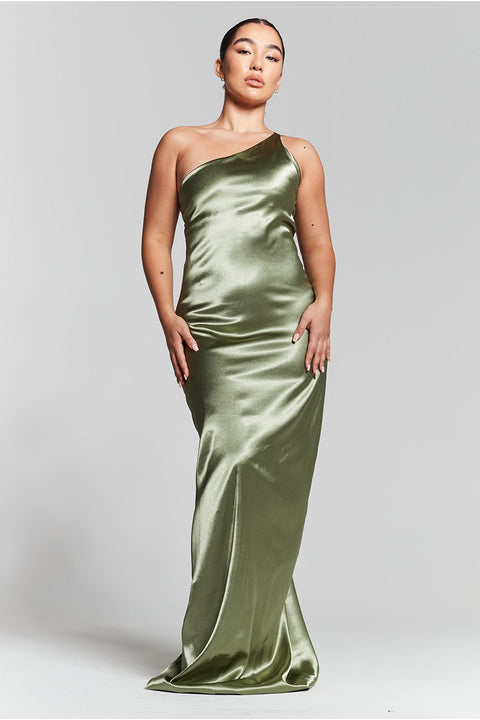 Olive Green One Shoulder Silky Maxi Dress by InFlair