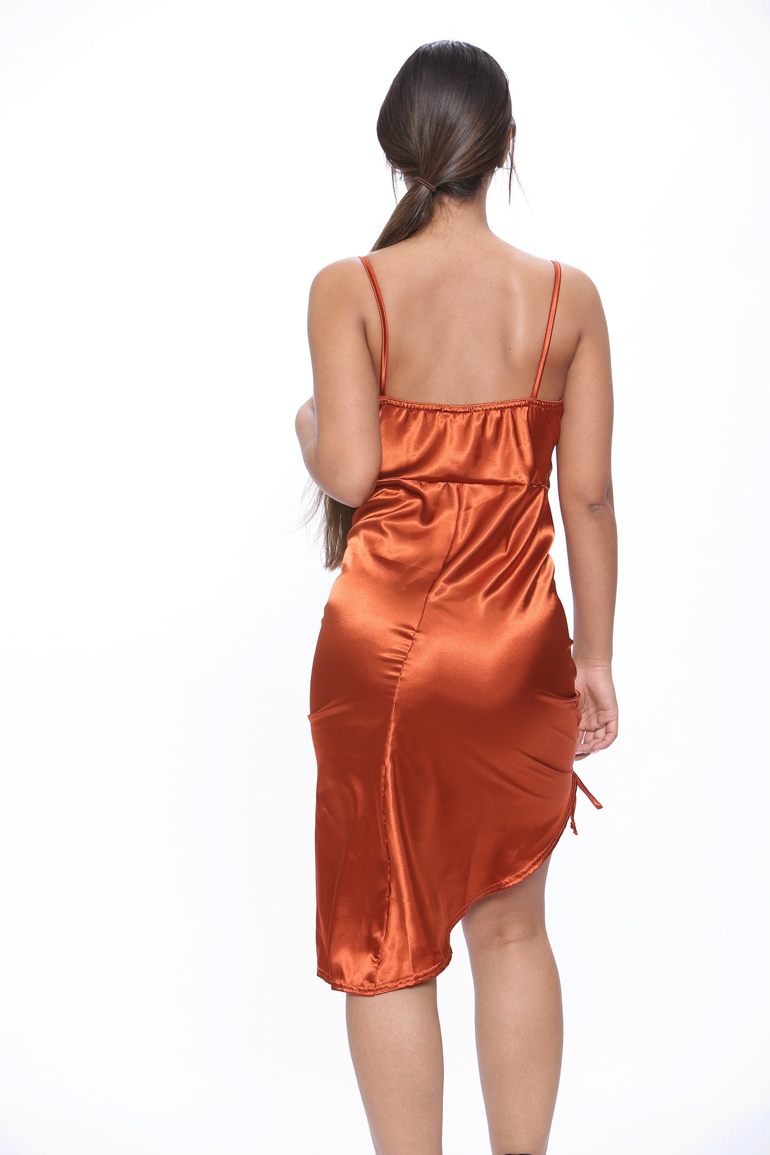 Rusty Ruched Side Slit Satin Mini Dress AV002220-RUSTY