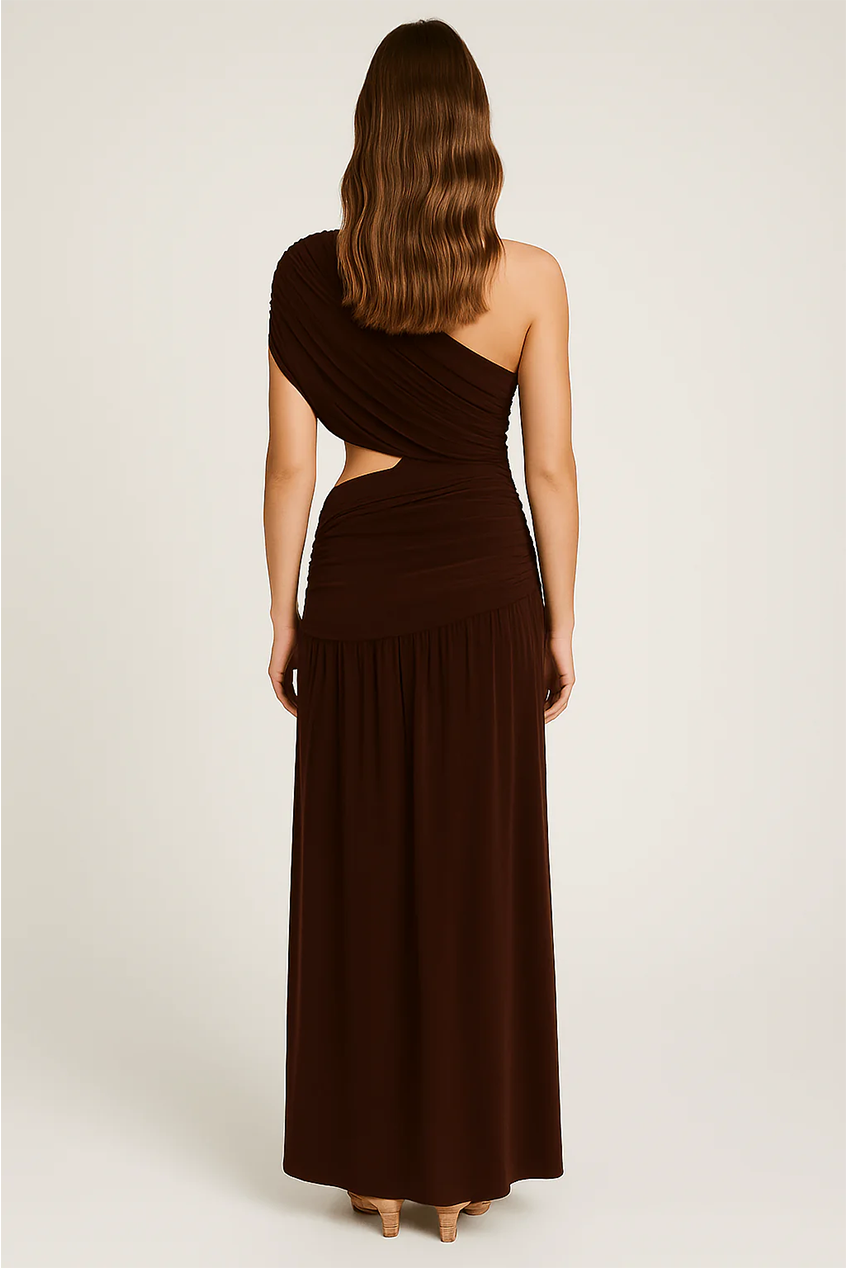 Brown One Shoulder Draping Detailed Side Cut Out Maxi Dress AV-IMD2600