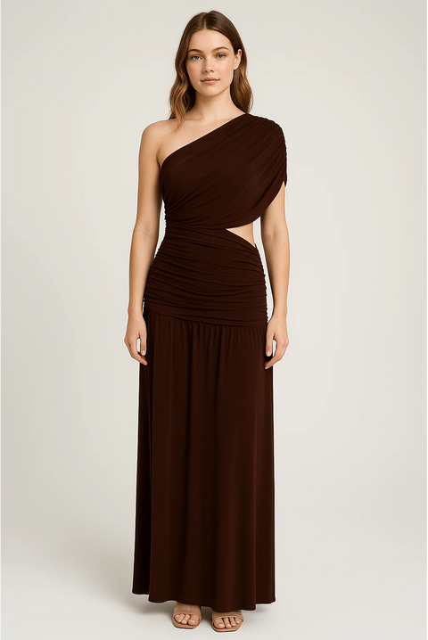 Brown One Shoulder Draping Detailed Side Cut Out Maxi Dress by Avinci