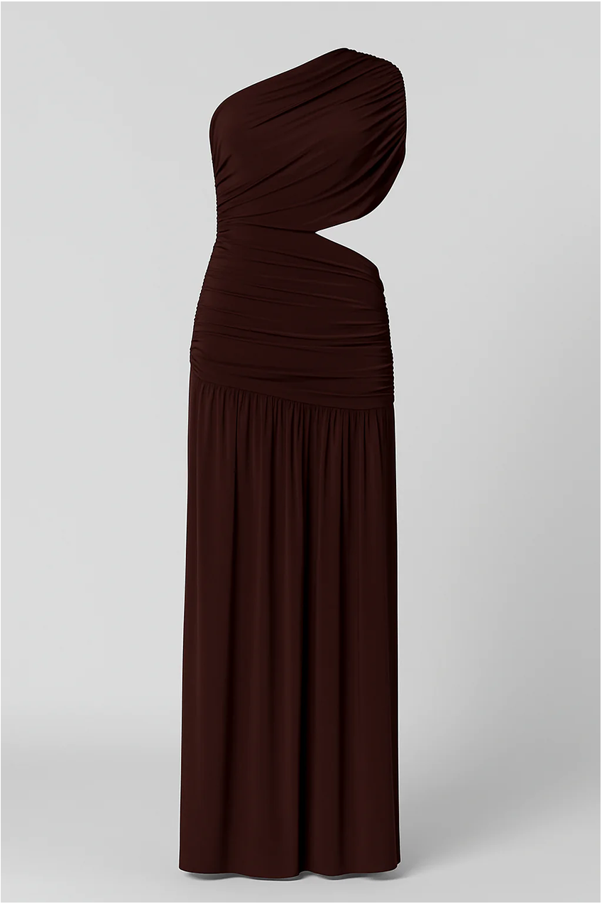 Brown One Shoulder Draping Detailed Side Cut Out Maxi Dress AV-IMD2600