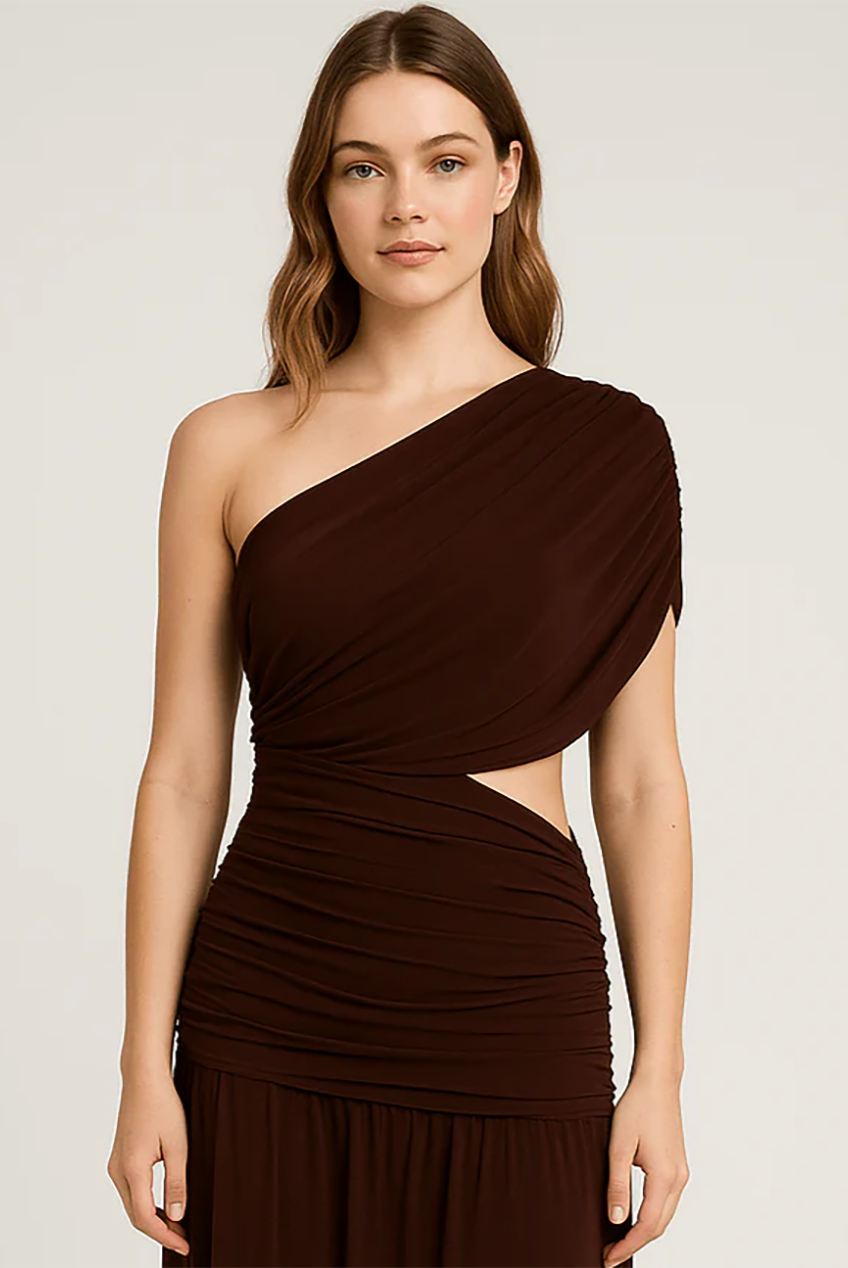 One Shoulder Draping Detailed Side Cut Out Maxi Dress AV-IMD2600