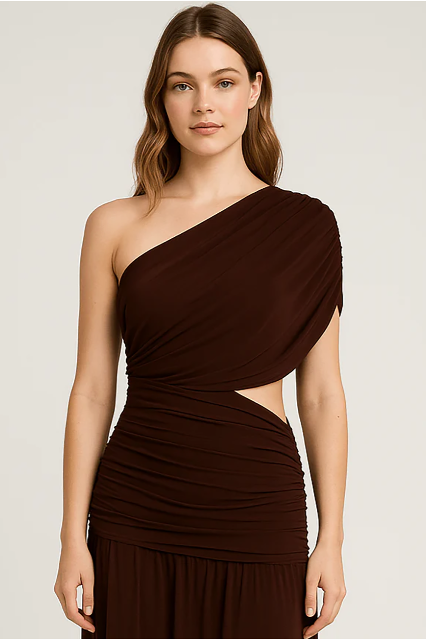 Brown One Shoulder Draping Detailed Side Cut Out Maxi Dress AV-IMD2600