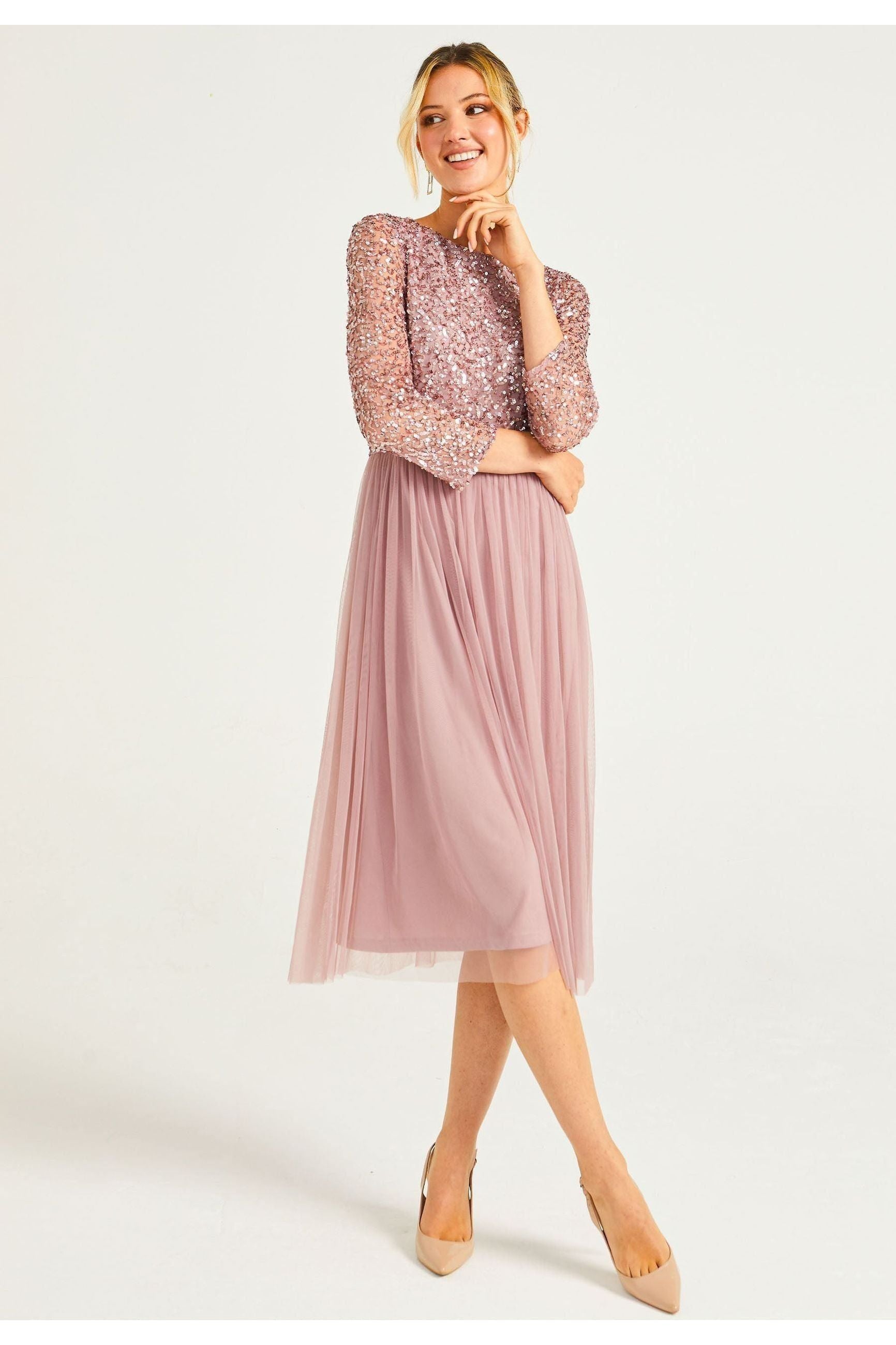Embellished Sequin Long Sleeve Midi Dress In Lavender P025281LVDF