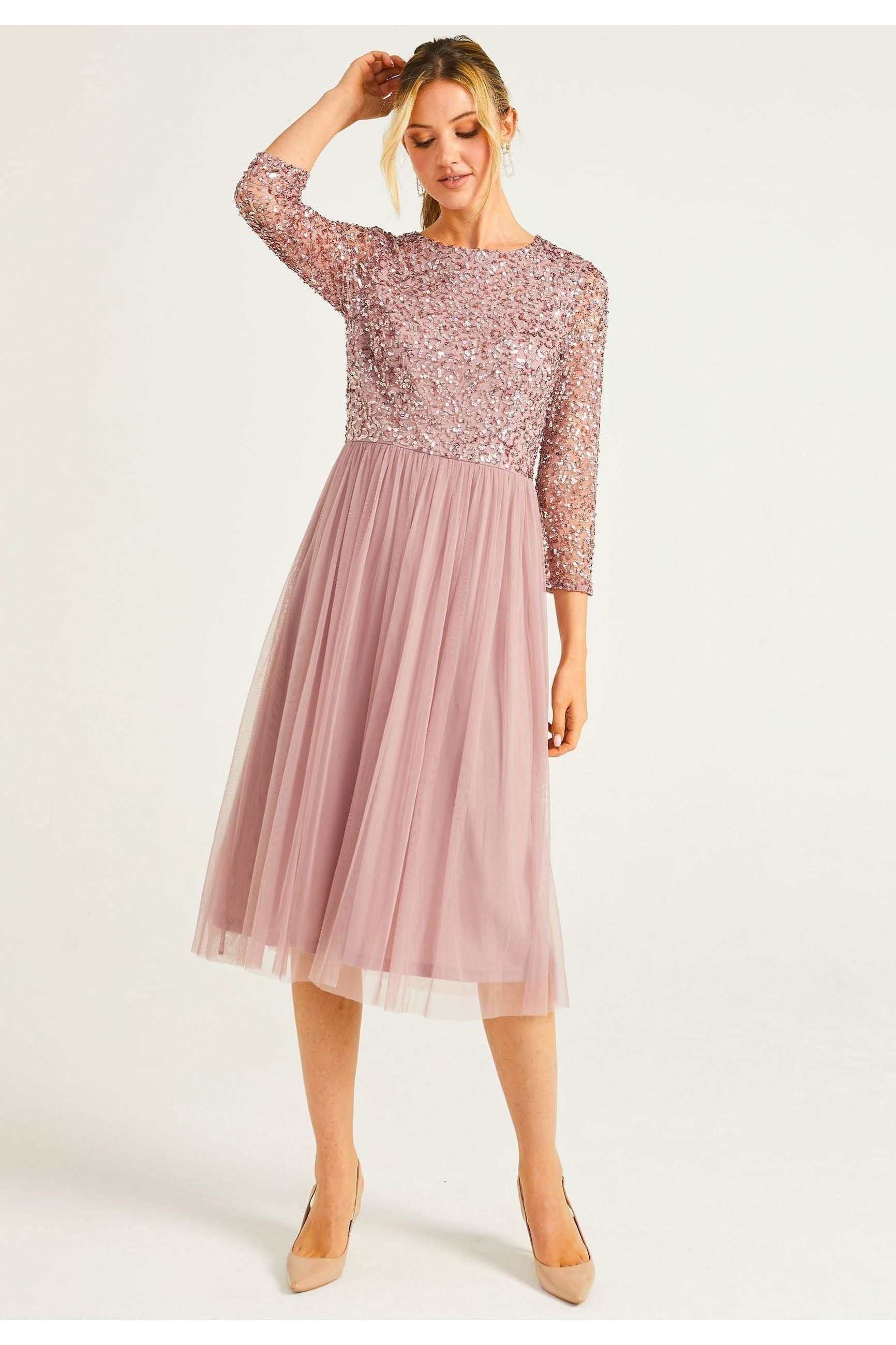 Embellished Sequin Long Sleeve Midi Dress In Lavender P025281LVDF